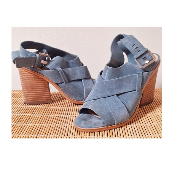 Marc Fisher Sandals 8.5M Leather Suede Ankle Strap Peep Toe Stacked Heel - Picture 5 of 11